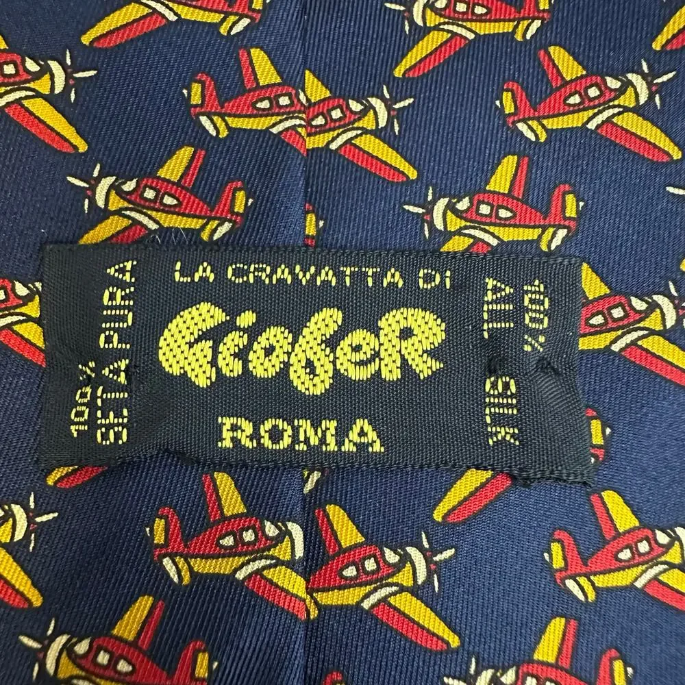 La Cravatta Giofer Roma Navy Yellow Orange Airplane Neck Tie 100% Silk Aviation